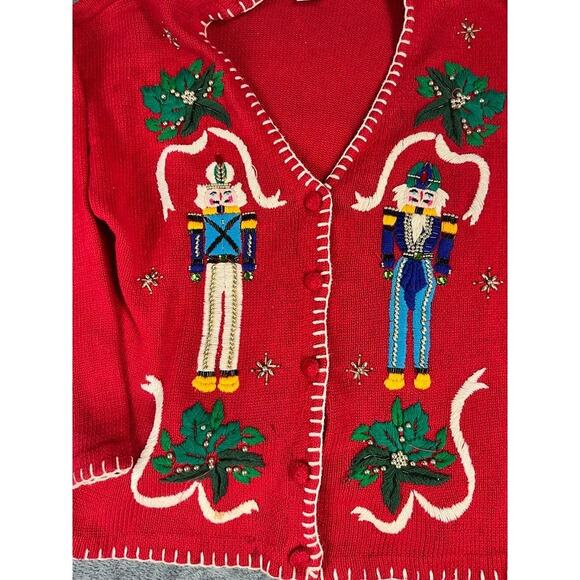 Victoria Jones Christmas Nutcracker Holiday Vintage Red Cardigan Medium - Picture 5 of 11